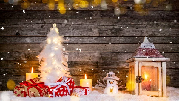 Natal Ainda Vida Com Fundo Madeira Velha Flocos Neve Caindo — Fotografia de Stock