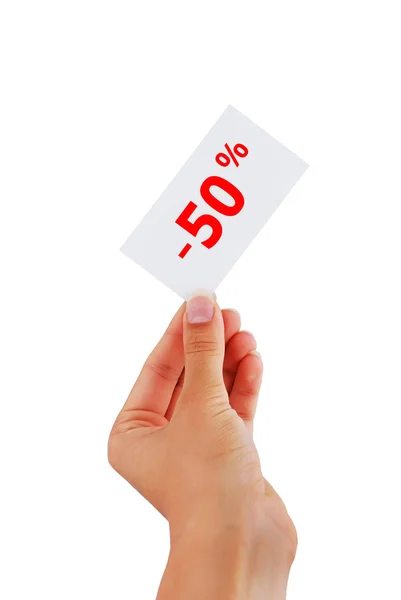 Label discount in hand — Stock Photo, Image