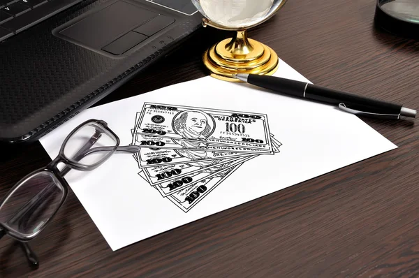 Workplace with drawing dollars — Stock Photo, Image