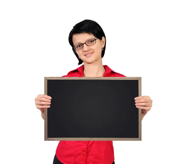 Woman holding a blackboard — Stock Photo, Image