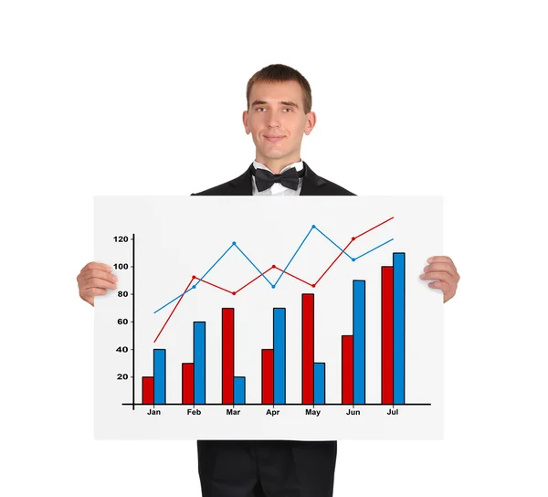 Man in tuxedo holding placard with chart — Stock Photo, Image
