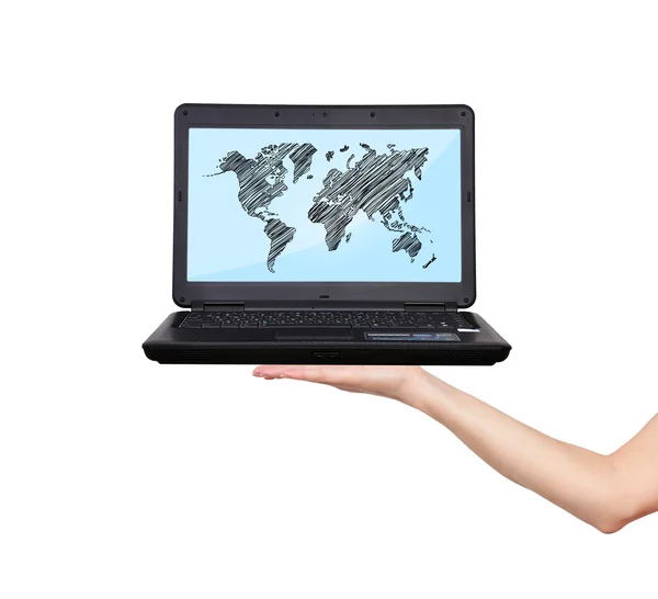 Laptop met kaart van de wereld — Stockfoto