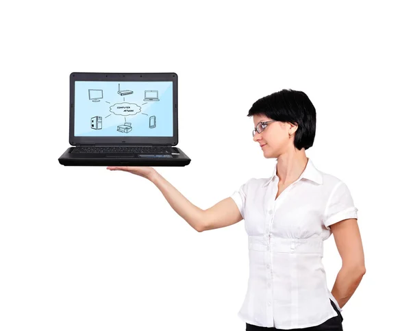 Mulher segurando laptop — Fotografia de Stock