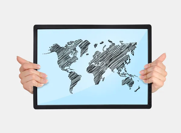 Tablet con mappa del mondo — Foto Stock