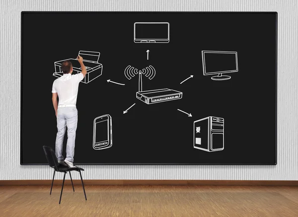 Homem desenho rede de computadores — Fotografia de Stock