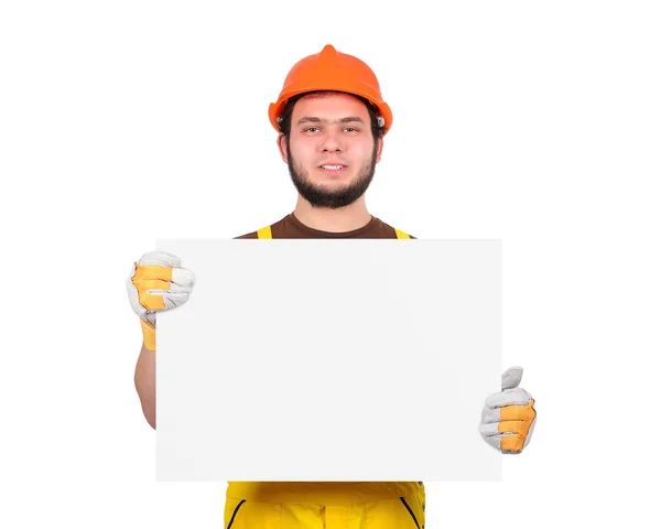 Builder holding poster — Stock Photo, Image