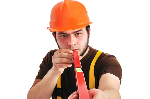 Builder holding wasserwaage — Stock Photo, Image