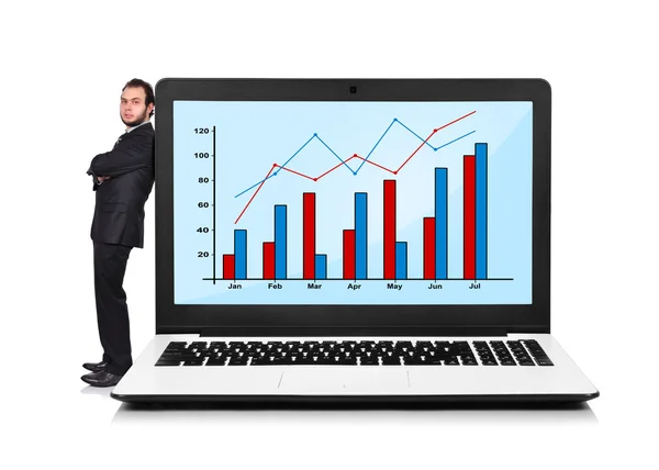 Üzletember és a laptop a diagram — Stock Fotó