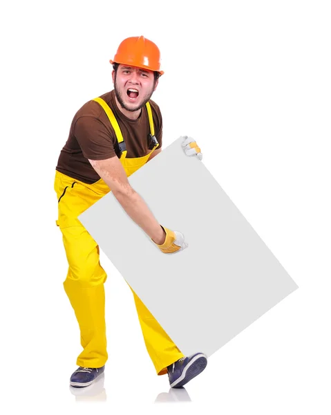 Builder holding poster — Stock Photo, Image