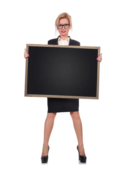 Mujer sosteniendo pizarra — Foto de Stock