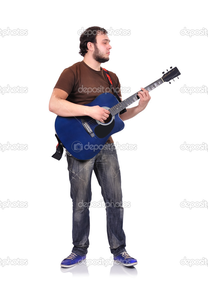 man playing on guitar
