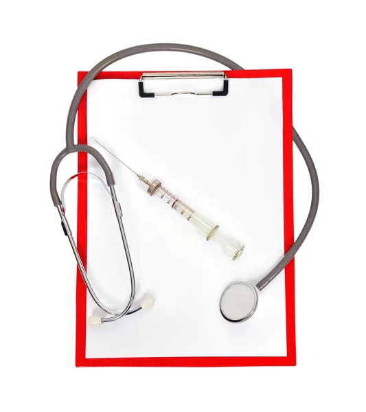 Clipboard with stethoscope and syringe — Stock Photo, Image