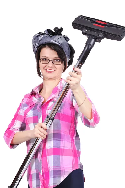 Злая домохозяйка держит пылесос — стоковое фото