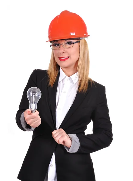 Woman engineer holding bulb — Stock Photo, Image