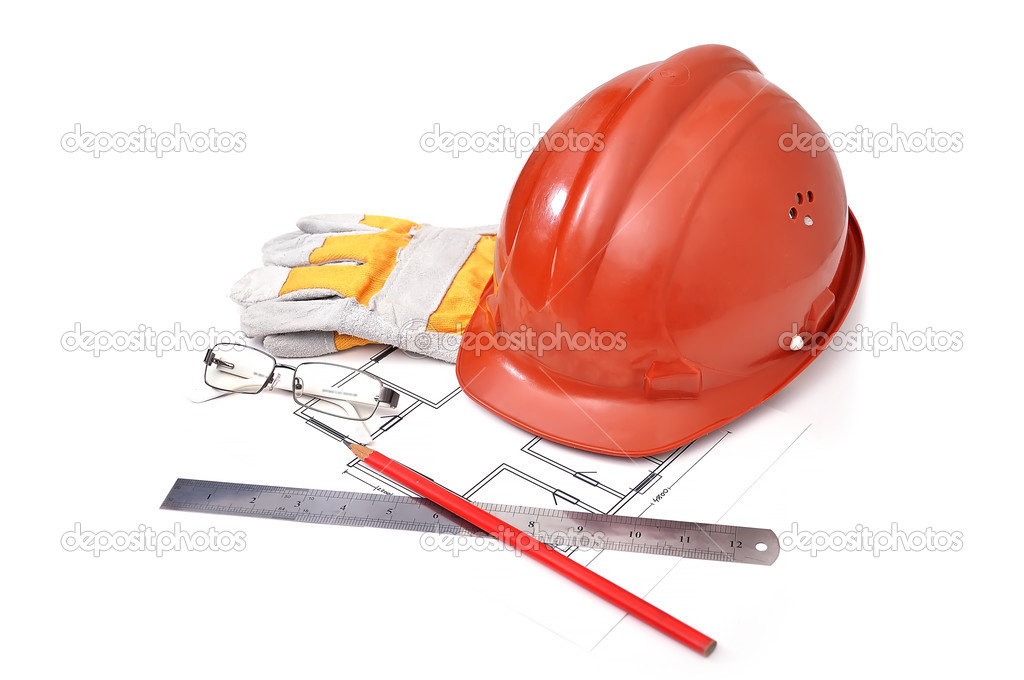 hard hat with blueprints