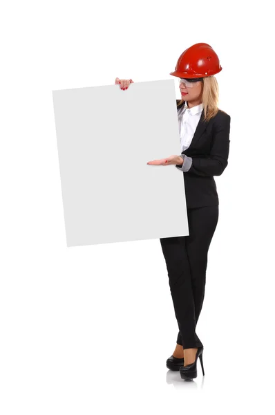 Engineer woman holding poster — Stock Photo, Image