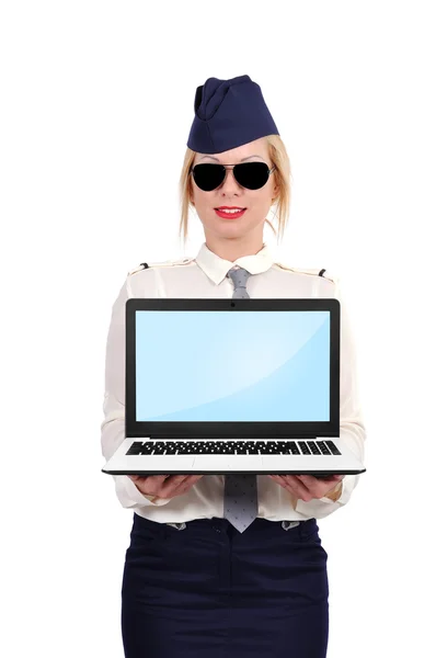 Stewardess bedrijf laptop — Stockfoto