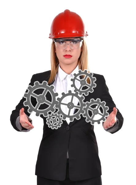 Woman holding gears — Stock Photo, Image