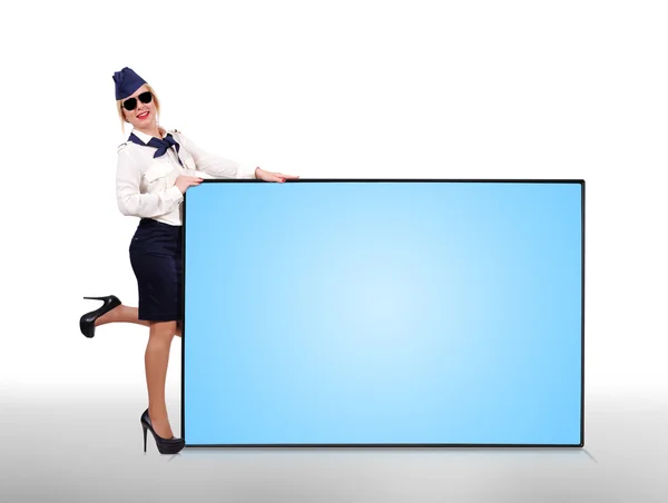 Uçuş görevlisi holding büyük panel — Stok fotoğraf