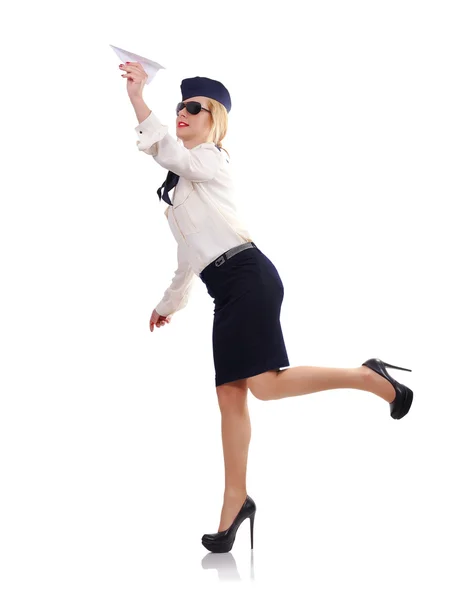 Stewardess mit Papierflugzeug — Stockfoto