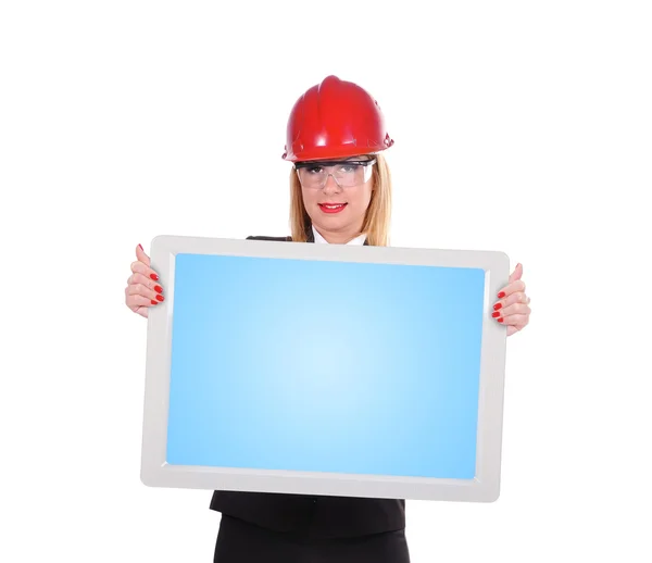 Kobieta trzyma panel dotykowy — Zdjęcie stockowe