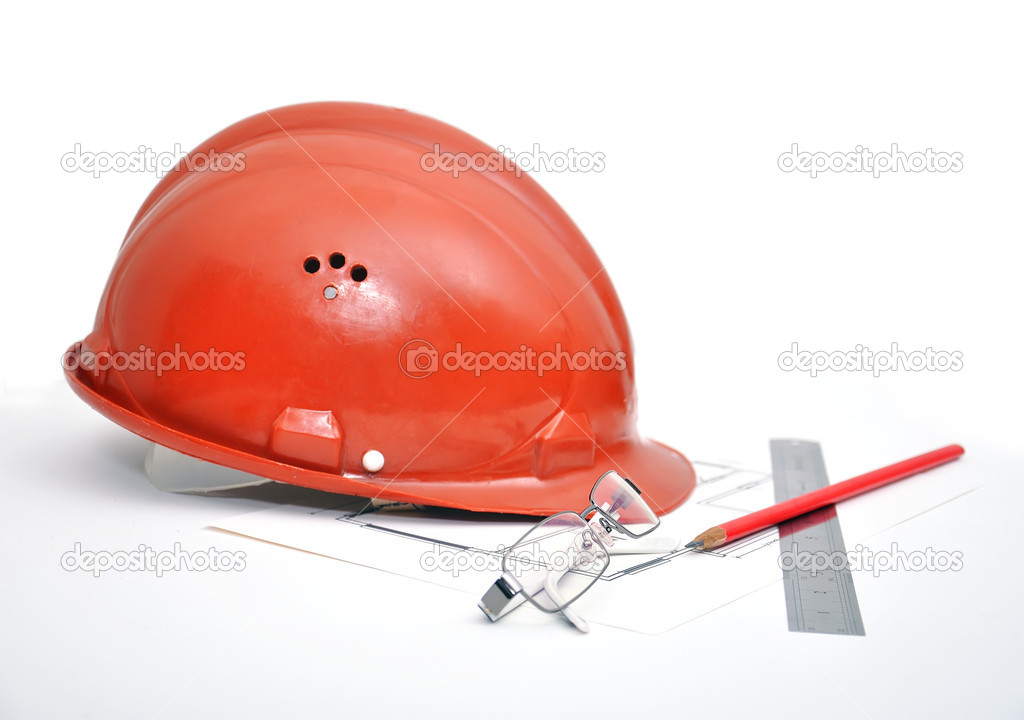 hard hat with blueprints