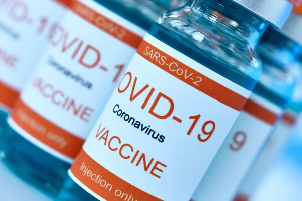 Covid Vaccine Glass Bottles Oronavirus Pandemic Pharmaceutical Industry Concept — Stock Photo, Image