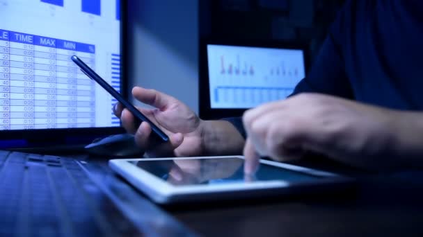Businessman Using Tablet Smart Phone Spreadsheet Reports Business Financial Analyzing — Vídeos de Stock