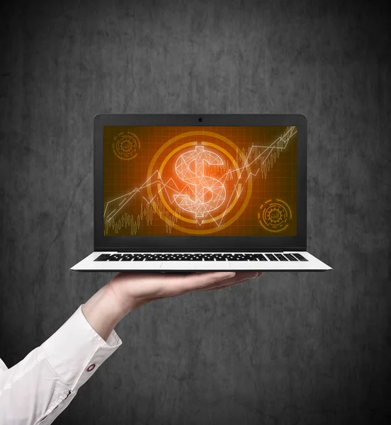 Businessman Hand Holding Laptop Financial Interface Glowing Polygonal Dollar Screen — Stock Fotó