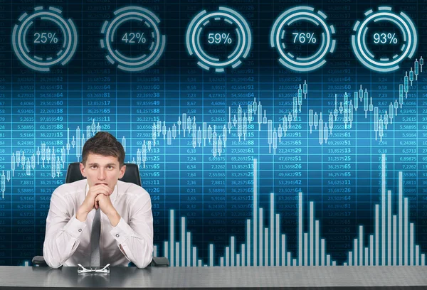 Trader Man Sitting Office Spreadsheet Stock Percentage Charts Virtual Screen — Fotografia de Stock