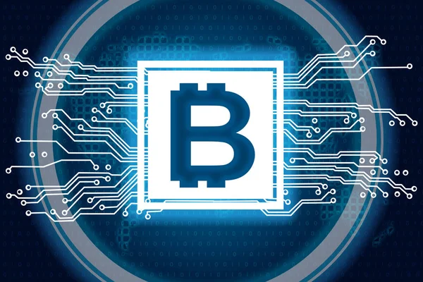Bitcoinový Hologram Rozhraním Základní Desky Koncept Těžebního Blockchainu Vykreslování — Stock fotografie