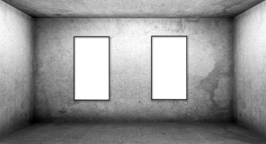 Karanlık odadaki beton duvarda iki boş poster. Pazarlama duyuruları konsepti için sanat ve tanıtım bilgileri. 3d oluşturma