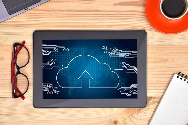 Digital Surfplatta Med Cloud Computing Gränssnitt Skärmen Och Kopp Kaffe — Stockfoto