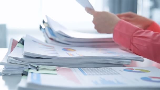 Accountant Sorting Stack Documents Business Report Inglés Concepto Financiero Papeleo — Vídeos de Stock