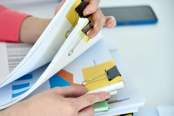 Businesswoman Hands Holding Business Reports Stacks Stock Charts Financial Paperwork — Zdjęcie stockowe