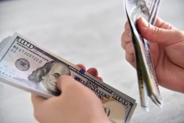 Business Woman Hands Count Dollars Table Corruption Bribery Concept Close — Stock Photo, Image