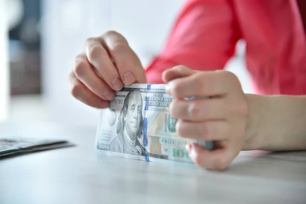 Businesswoman Pink Shirt Hand Count United States Currency Corruption Bribery — Stock Photo, Image