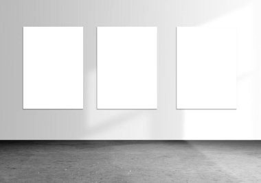 Three blank poster on white wall in room. Art and promotion information for marketing announcements concept. 3d rendering