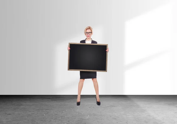Woman Teacher Holding Blank Blackboard Education Business Concept — Foto de Stock