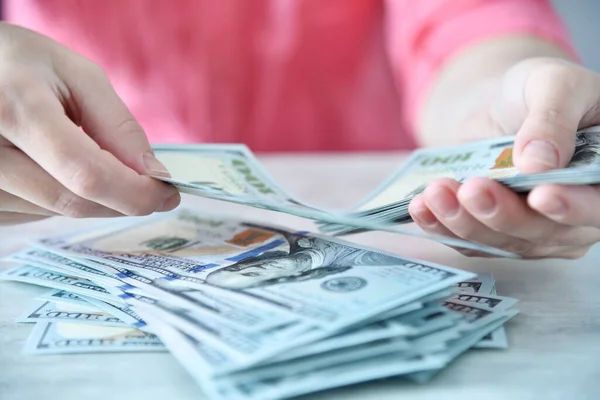 Hands Counting Dollars Banknotes Table Modern Office Financial Success Business — Stock Photo, Image