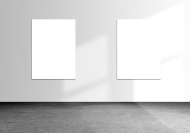 Two blank poster on white wall in room. Art and promotion information for marketing announcements concept. 3d rendering