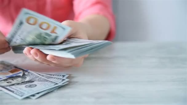 Mains Femme Comptant Des Billets 100 Dollars Bureau Business Profit — Video