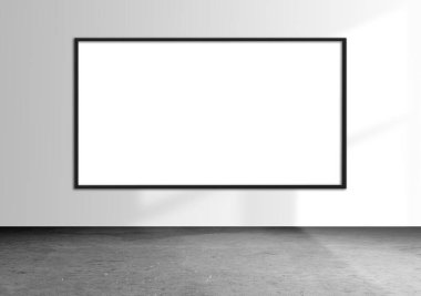 Odadaki duvarda boş beyaz poster var. Pazarlama duyuruları konsepti için sanat ve tanıtım bilgileri. 3d oluşturma