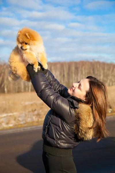 Güzel bir kız gülerek, köpek yavrusu spitz alır. sevinç ve mutluluk tezahürüdür. açık havada fotoğraf. — Stok fotoğraf