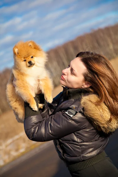 Krásná dívka, vyhledá v rukou štěně špic. šťastná dívka vlastní psa. fotografování venku — Stock fotografie