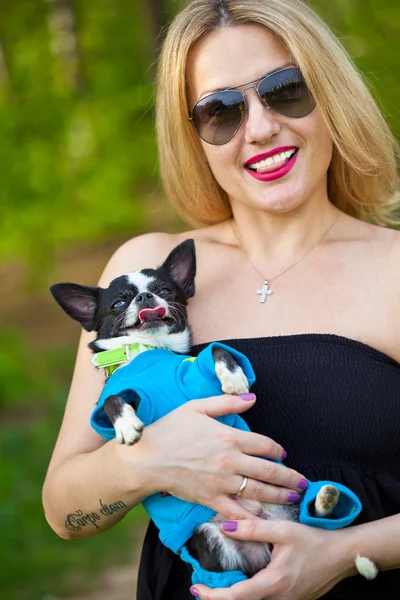 Krásná žena s pes chihuahua čouhá jeho jazyk a usmívá se — Stock fotografie
