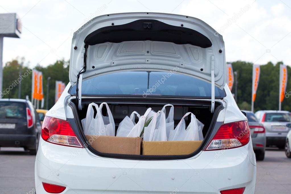 Shopping bags into the car trunk