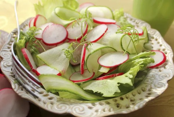 Salada fresca com rabanetes, alface e pepino — Fotografia de Stock