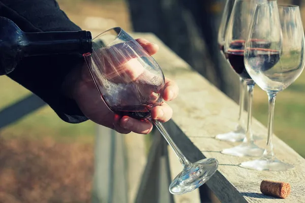 Uomo mano versando vino rosso dalla bottiglia in bicchieri con gli amici al di fuori — Foto Stock