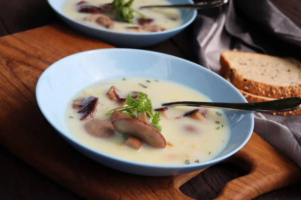Creamy soup with boletus mushroom and herbs on wooden rustic table — стоковое фото
